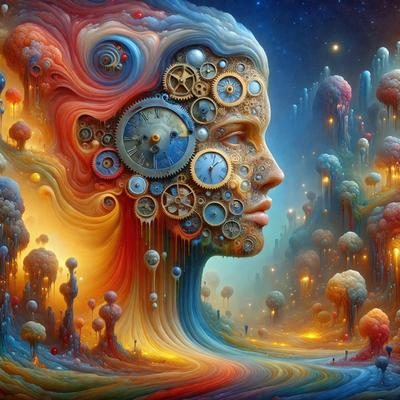 The primary subject of the image is a head with a clock face on it. The head is surrounded by a colorful and artistic environment, which includes a mix of clocks, stars, and other decorative elements. The visual style of the image is digital art, as it appears to be a computer-generated or digitally painted creation. The colors and mood of the image are vibrant and lively, with a focus on the intricate details and patterns of the clock face and the surrounding environment.